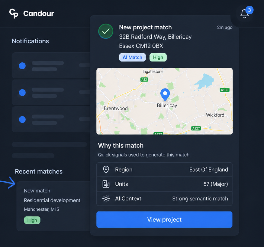 AI notification user interface showing a new project match